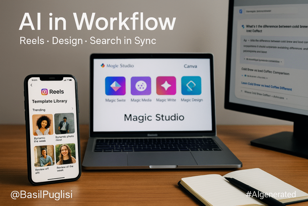 Instagram Reels templates, Canva Magic Studio, Google SGE, AI content workflow, social media engagement, SEO optimization, Factics