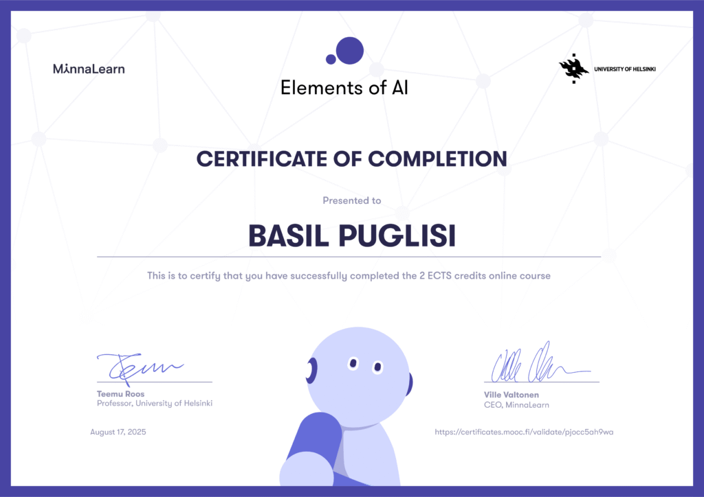Elements of AI Certification at University of Helsinki
