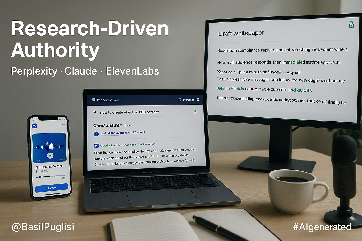 Basil Puglisi, AI research authority, Perplexity Pro, Claude Sonnet, SEO compliance, content credibility, Factics method, ElevenLabs, Descript, Surfer SEO