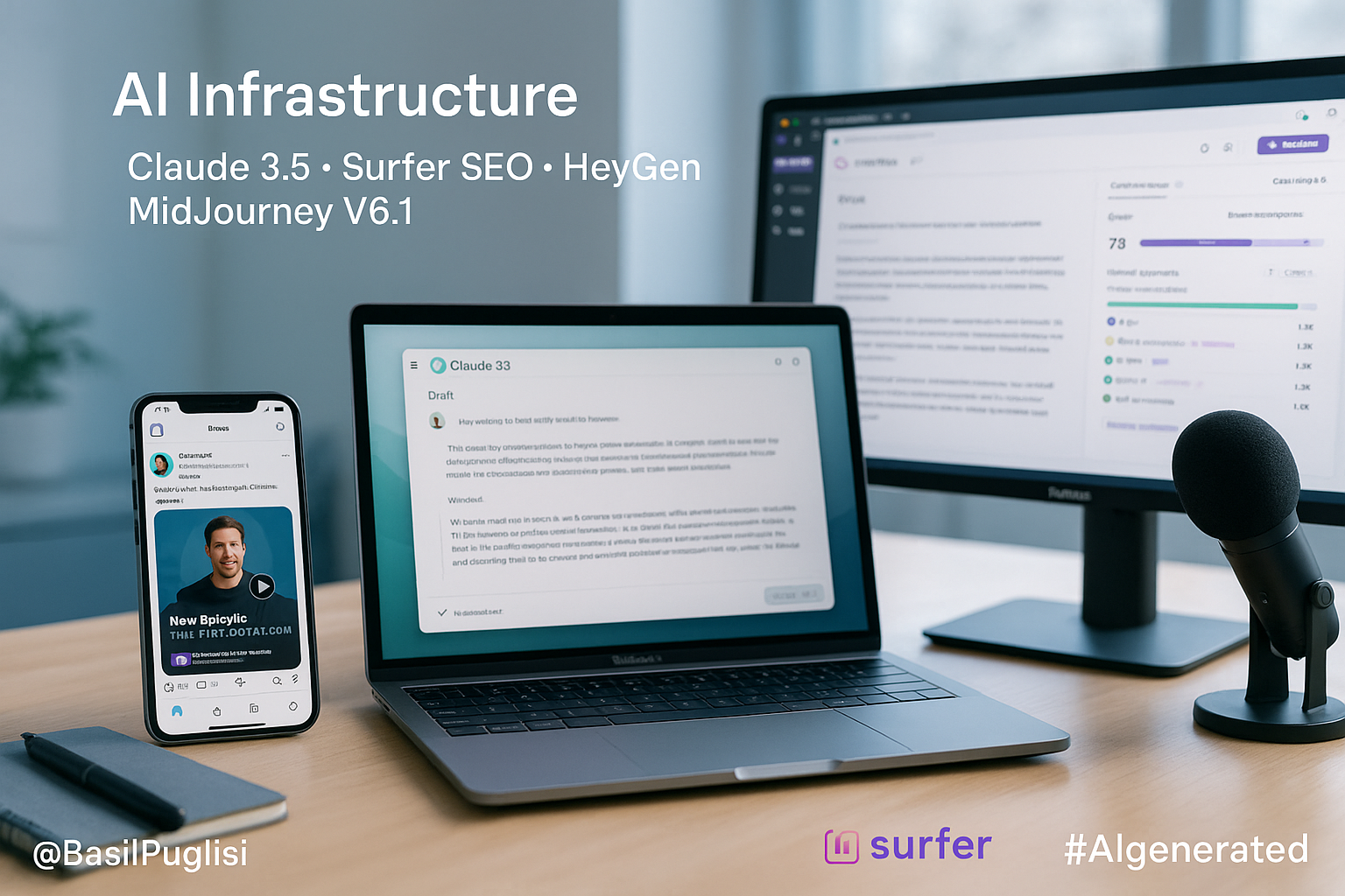 Basil Puglisi, Claude 3.5 Sonnet, Surfer SEO, MidJourney V6.1, HeyGen, Originality AI, EU AI Act, AI workflows, content velocity, brand trust