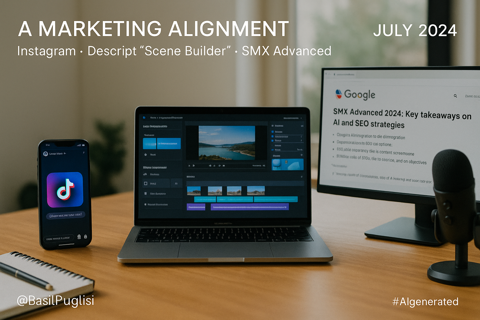 Instagram Notes music, Descript Scene Builder, SMX Advanced, AI SEO strategies, structured data, scene-based editing, cycle time reduction, organic reach, CTR, bounce rate