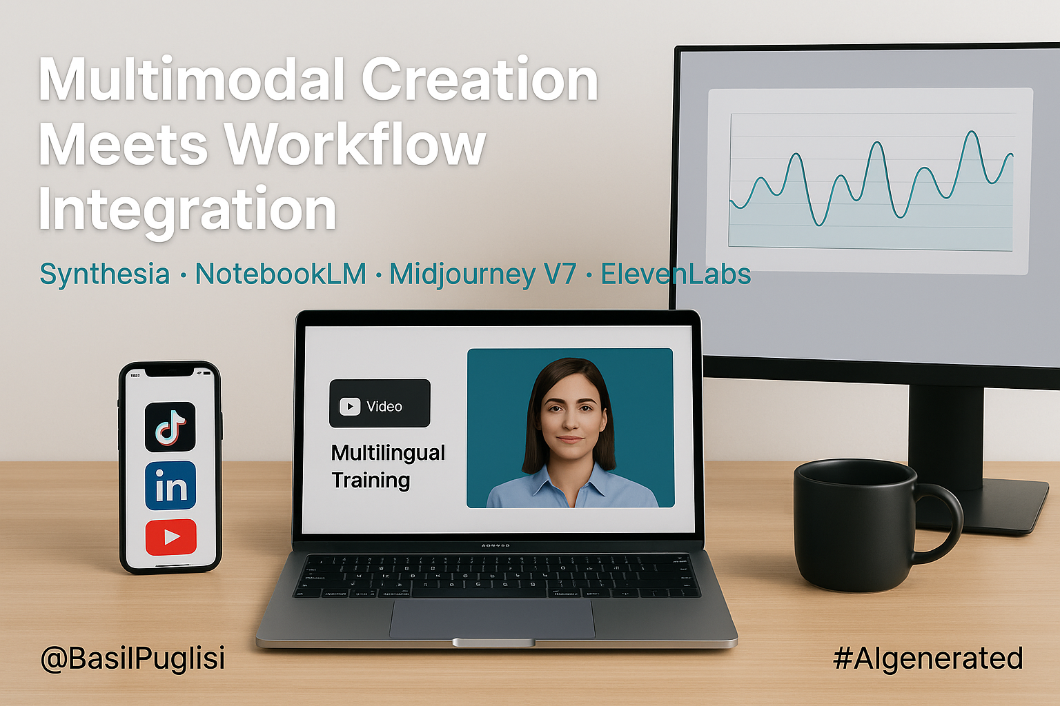 AI video, Synthesia, NotebookLM, Midjourney V7, Meta LLaMA 4, ElevenLabs, FTC synthetic media, AI ROI, multimodal workflows, small business AI, nonprofit AI
