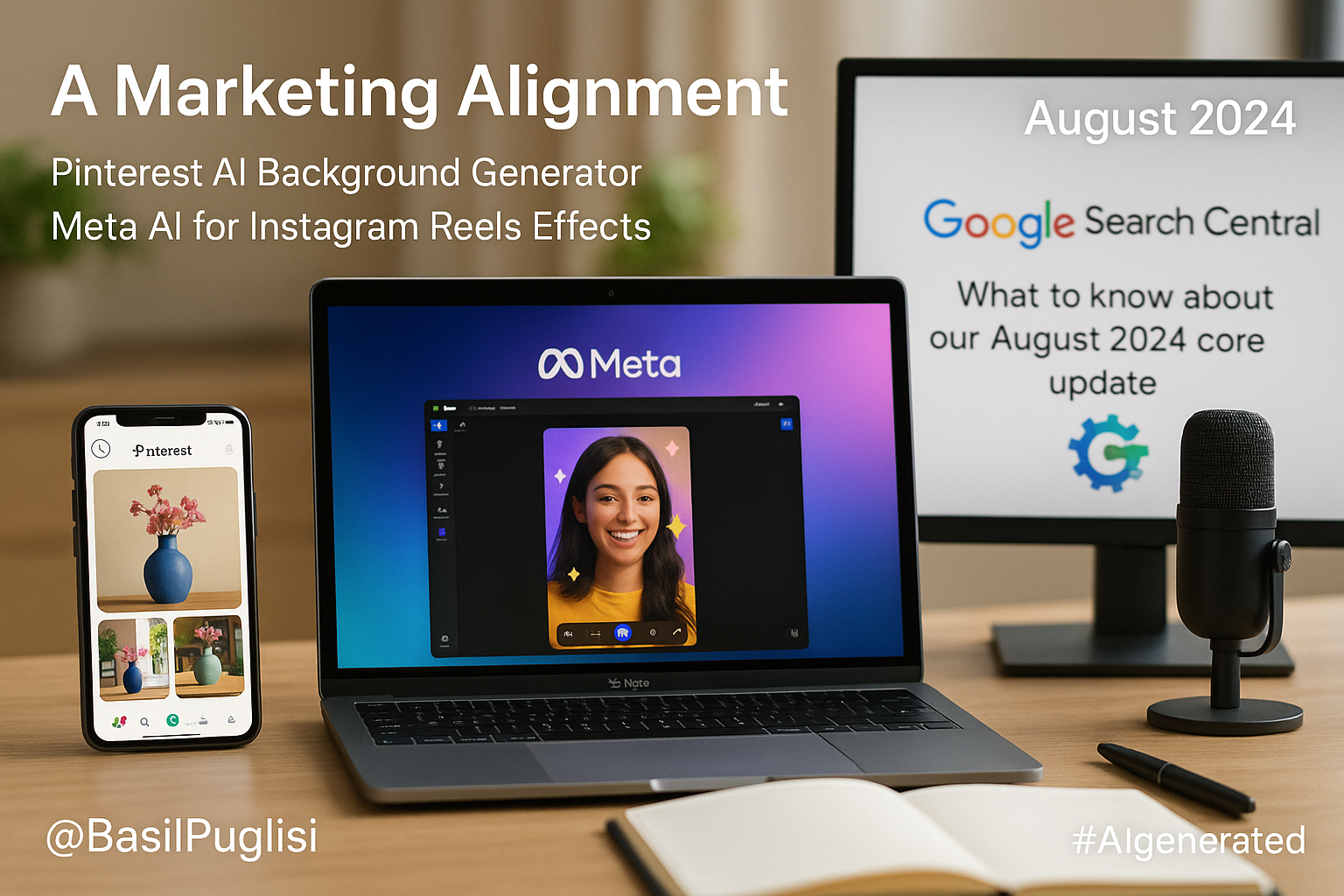 Pinterest AI background generator, Meta AI Reels effects, Google core update, AI product imagery, Advantage+ ads, AI video editing, SEO optimization, engagement KPIs, CTR, bounce rate