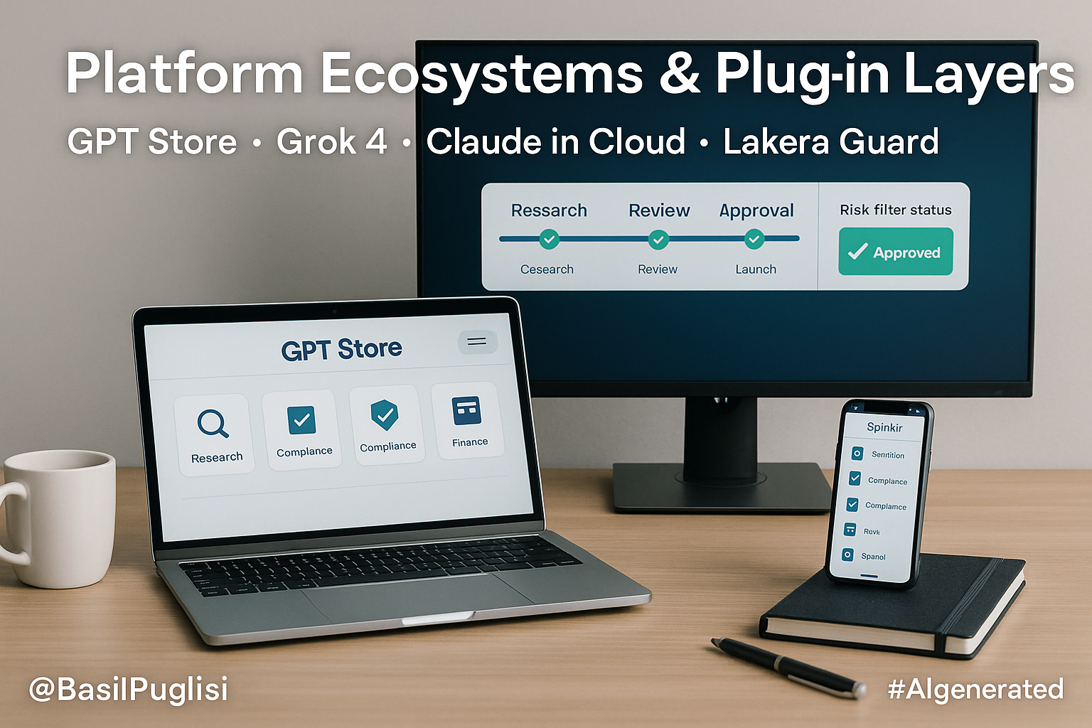 Basil Puglisi, GPT Store, Grok 4, Claude, Lakera Guard, Perplexity Pro, Sprinklr, EU AI Act, platform ecosystems, plug-in layers, compliance automation, enterprise AI