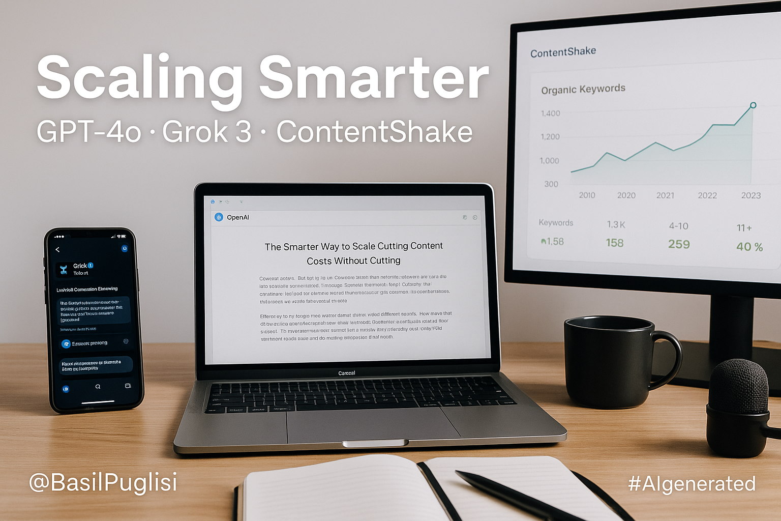 Basil Puglisi, GPT 4o, o3 mini, Grok 3, HeyGen, Synthesia, Jasper, Writesonic, ContentShake, AI content stack, content velocity, SEO, brand trust, multilingual video, social monitoring, AI disclosure