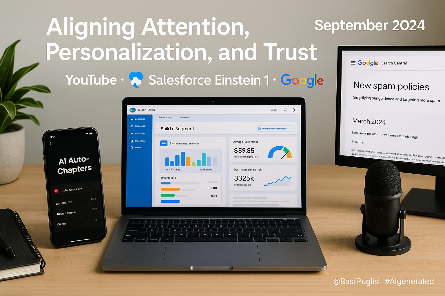 YouTube AI auto-chapters, Salesforce Einstein 1, Google spam policies, CRM personalization, content governance, cycle time reduction, non-brand organic growth, video engagement, CTR, bounce rate